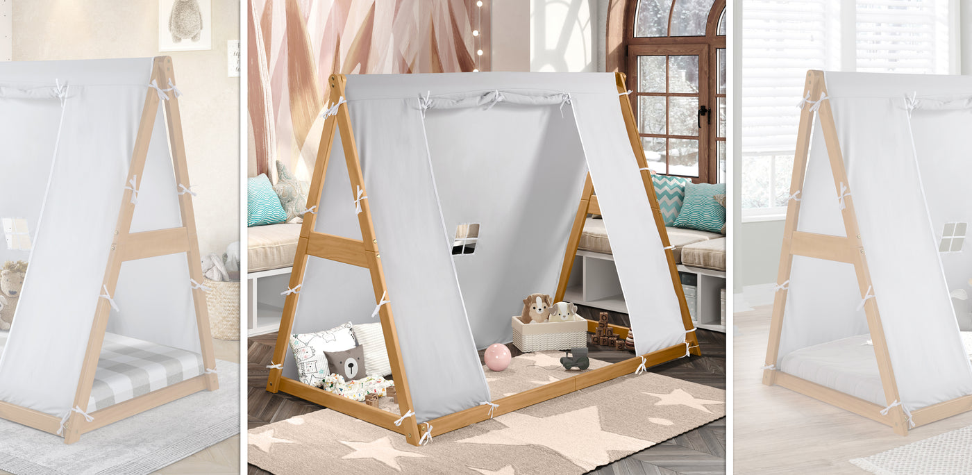 Kid's Tent Twin Floor Bed – Grey Tent with Natural Frame