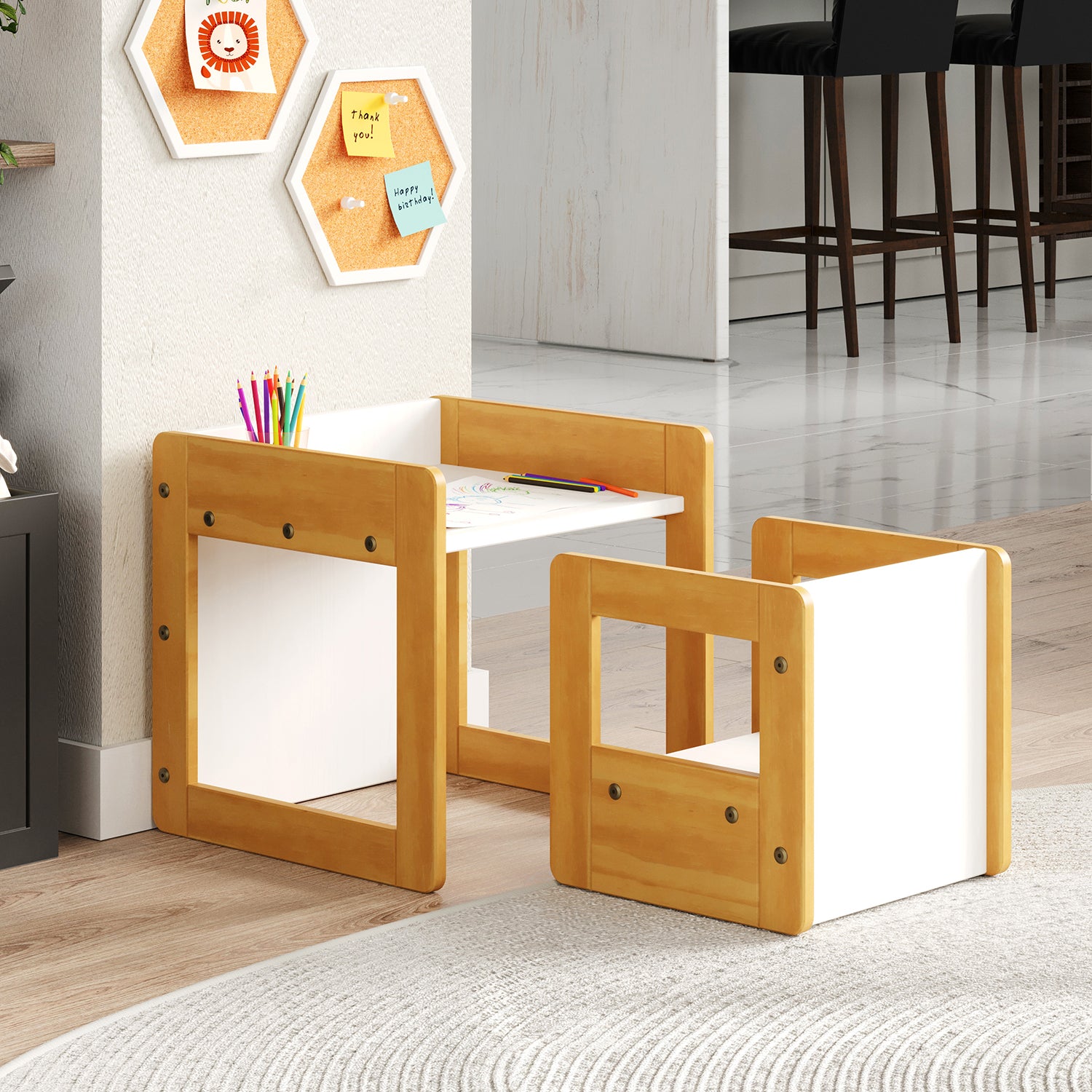 Montessori Inspired Klick Duo Desk - Natural Wood - Offering adjustable seat and table heights by simply flipping the product over, our Kids Desk combines thoughtful design with ergonomic proportions, providing a functional space for young learners to thrive.