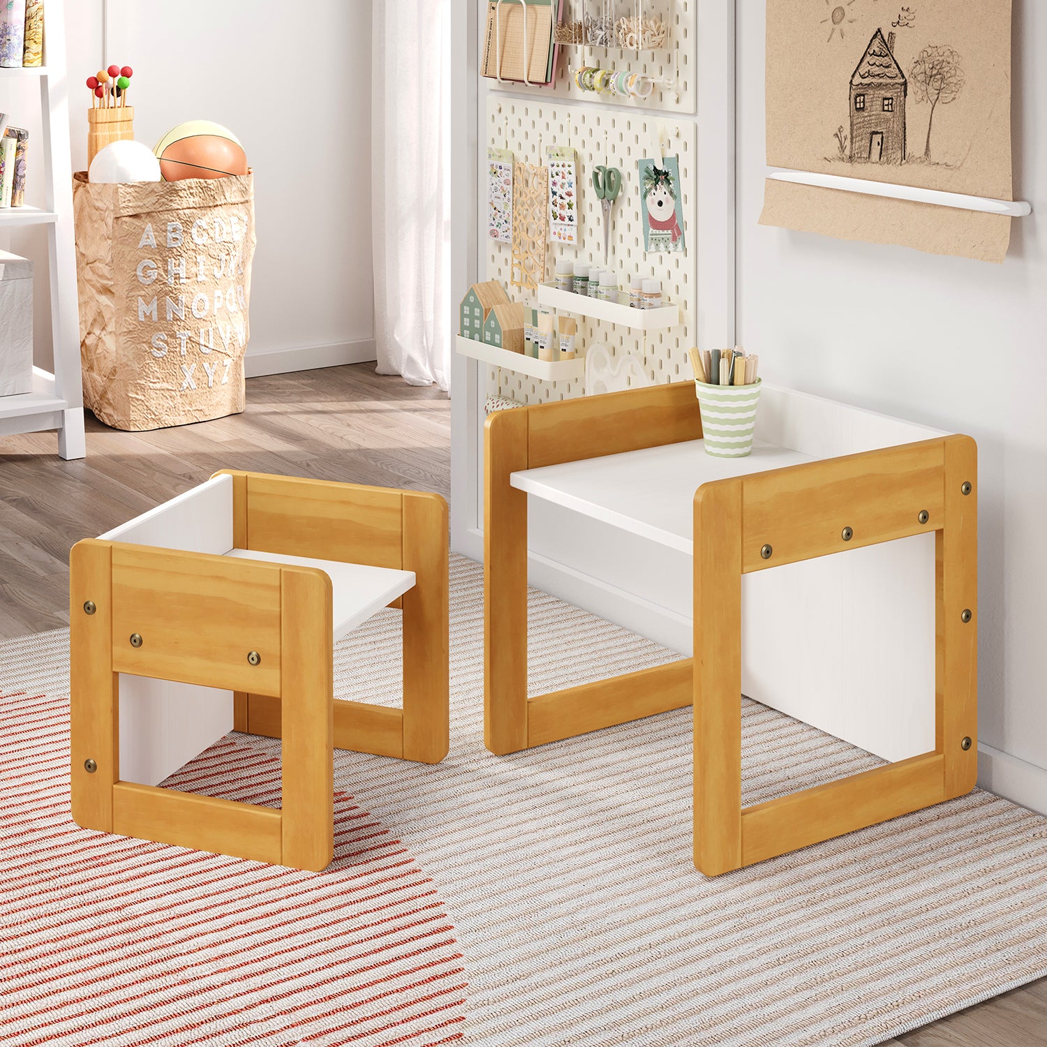 Montessori Inspired Klick Duo Desk - Natural Wood - Offering adjustable seat and table heights by simply flipping the product over, our Kids Desk combines thoughtful design with ergonomic proportions, providing a functional space for young learners to thrive.