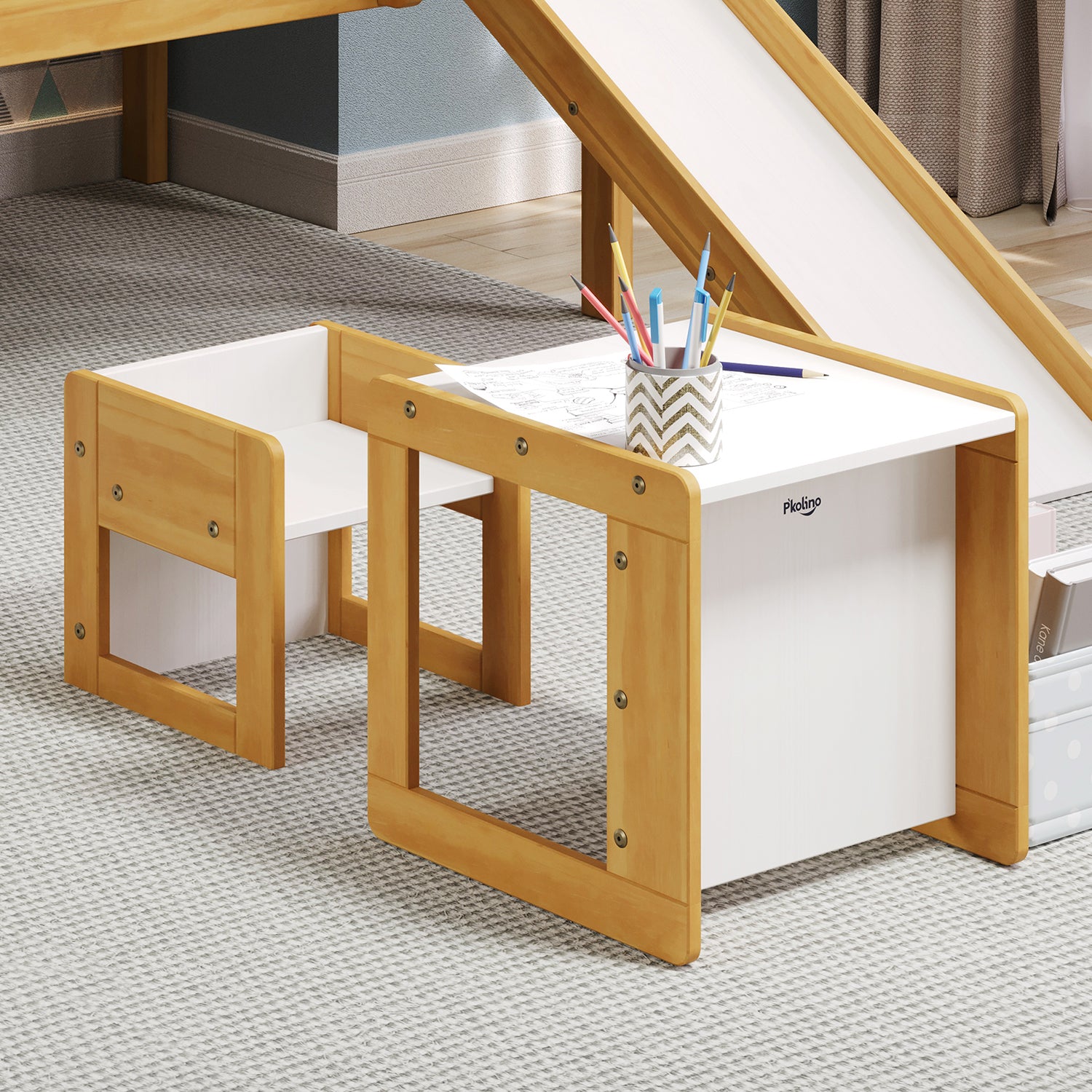 Montessori Inspired Klick Duo Desk - Natural Wood - Offering adjustable seat and table heights by simply flipping the product over, our Kids Desk combines thoughtful design with ergonomic proportions, providing a functional space for young learners to thrive.