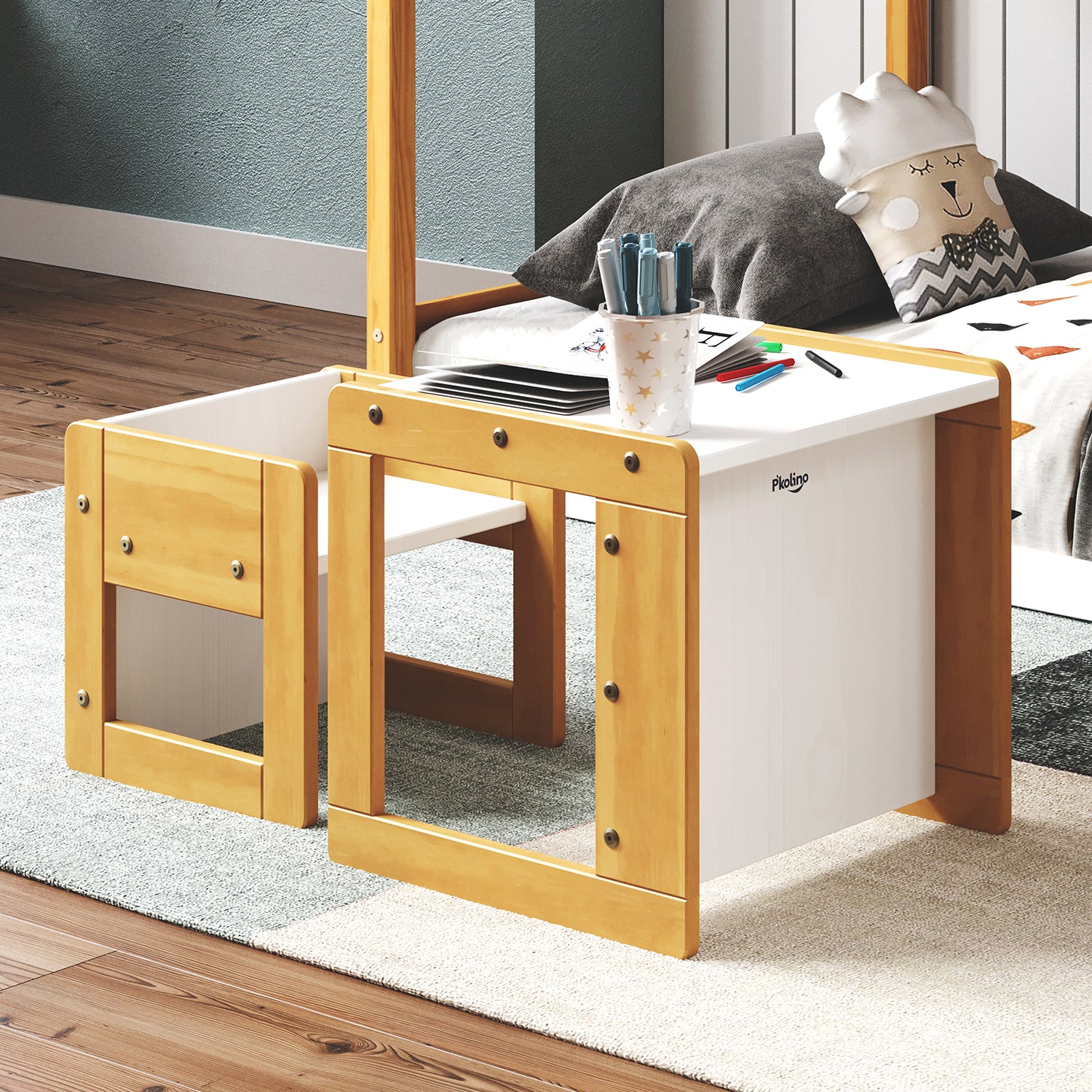 Montessori Inspired Klick Duo Desk - Natural Wood - Offering adjustable seat and table heights by simply flipping the product over, our Kids Desk combines thoughtful design with ergonomic proportions, providing a functional space for young learners to thrive.