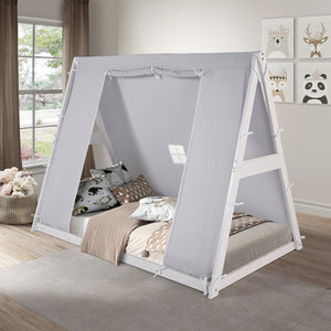 Kid's Tent Twin Floor Bed – Grey Tent with Natural Frame - Whether your child loves playing house or having their own “hide-out”, these whimsical beds deliver! With sturdy, house-like structures and neutral palettes, you can create a bedroom as unique as your child. Montessori inspired, these beds allow the mattress to lay directly on the floor encouraging children to go in and out of bed independently. 