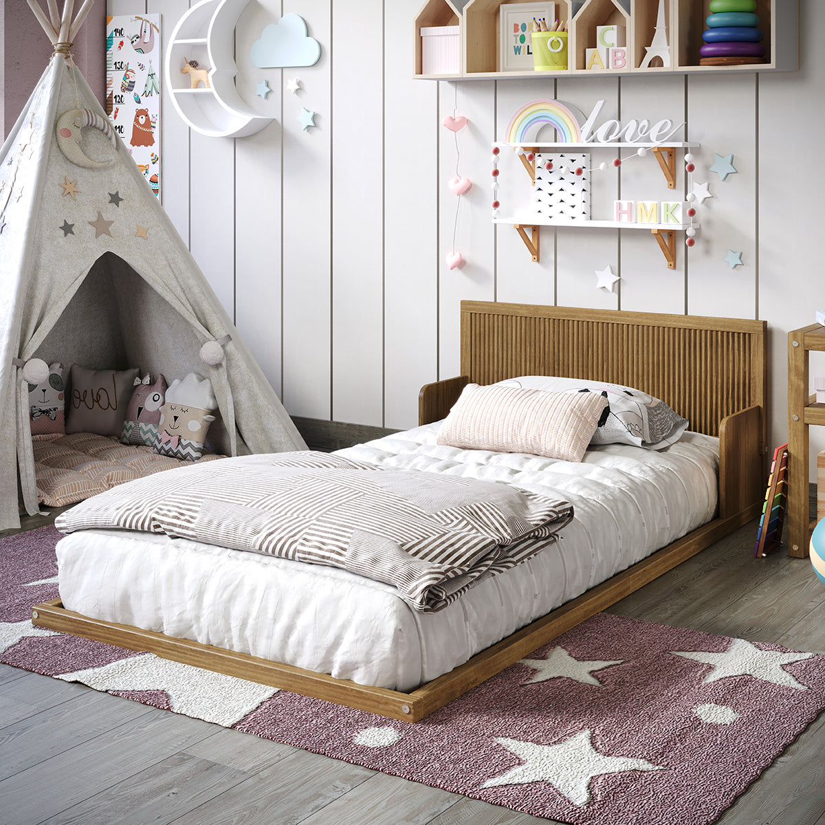 Reeded Wood Twin Floor Bed - Natural Oak - The reeded wood headboard adds a touch of sophistication, elevating the aesthetic appeal of any child's bedroom. 