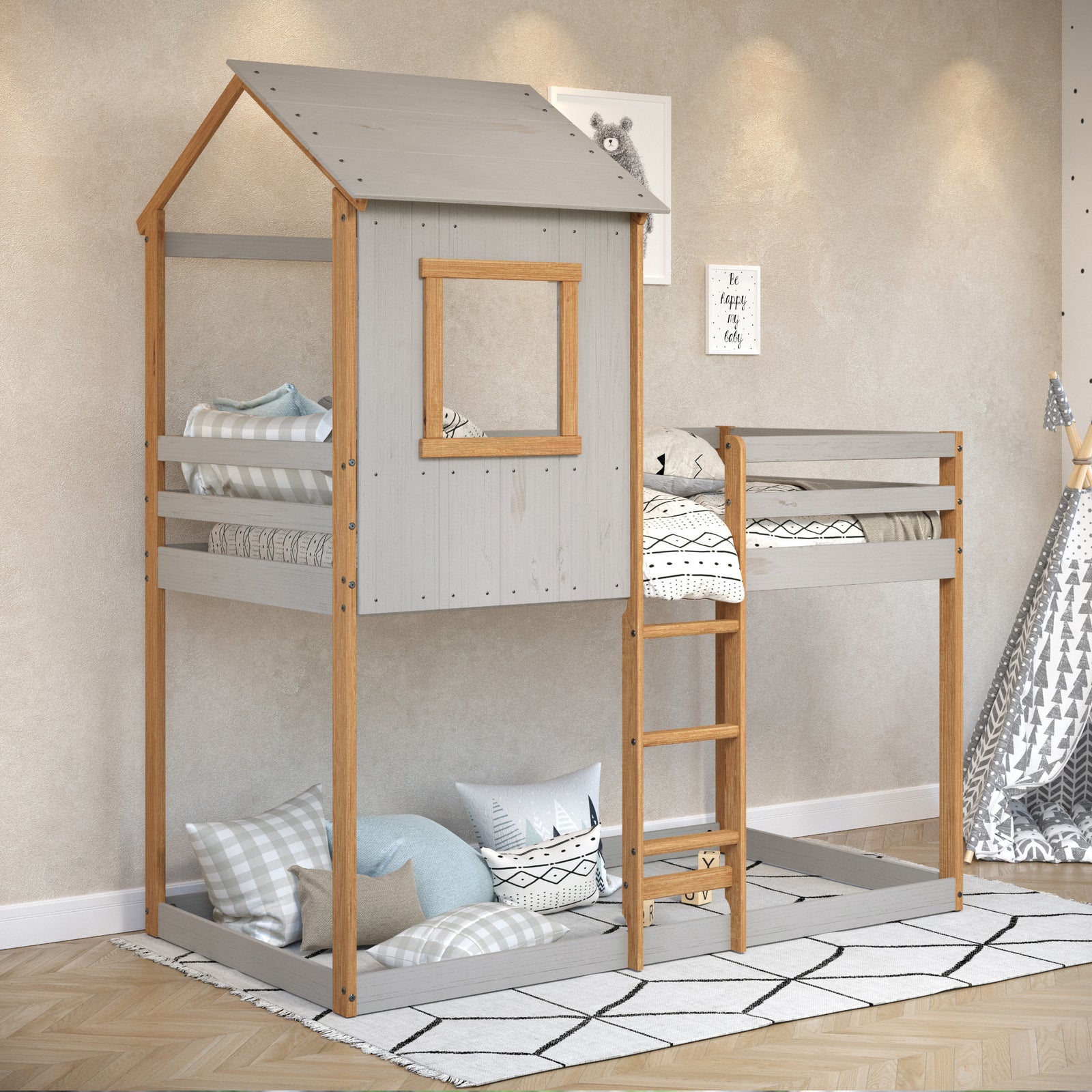 Tree House Bunk Bed – Rustic Dark Grey with White Frame – P'kolino