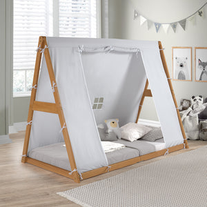 Kid's Tent Twin Floor Bed – Grey Tent with Natural Frame - Whether your child loves playing house or having their own “hide-out”, these whimsical beds deliver! With sturdy, house-like structures and neutral palettes, you can create a bedroom as unique as your child. Montessori inspired, these beds allow the mattress to lay directly on the floor encouraging children to go in and out of bed independently. 