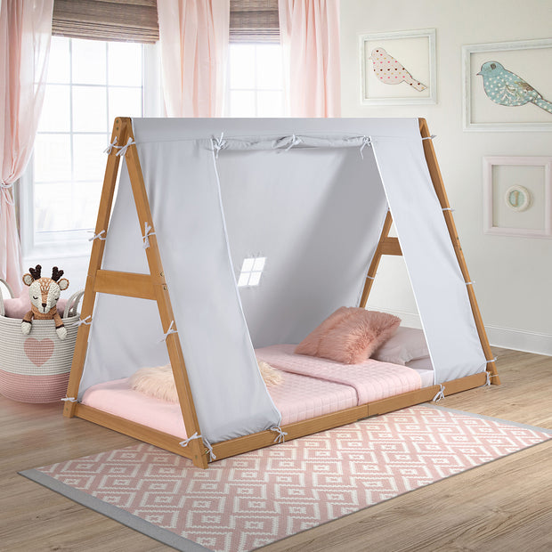 P'kolino Kid's Tent Twin Floor Bed  - Montessori inspired –  Grey Tent with Natural Frame