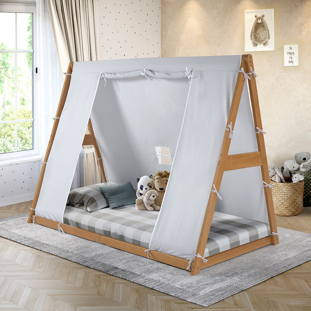 P'kolino Kid's Tent Twin Floor Bed  - Montessori inspired –  Grey Tent with Natural Frame