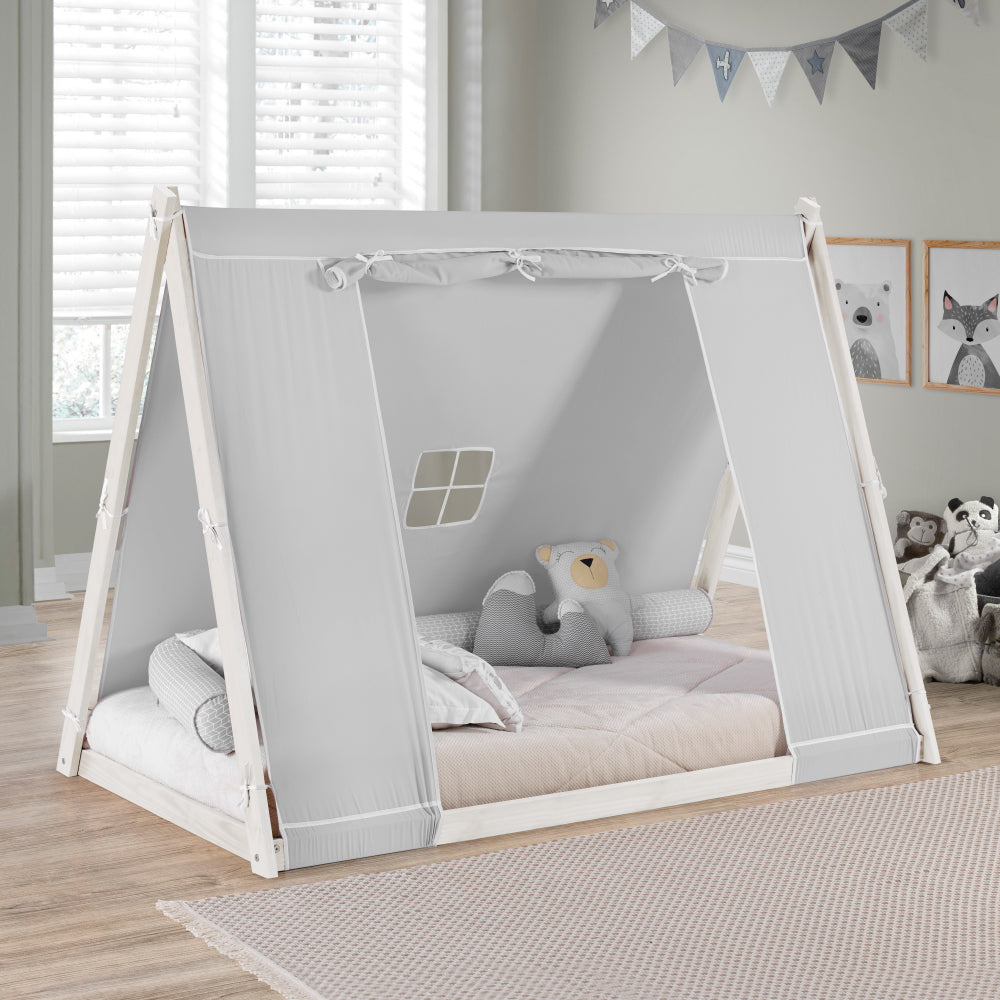 1000px x 1000px - Kid's Tent Twin Floor Bed â€“ Grey Tent with White Frame â€“ P'kolino